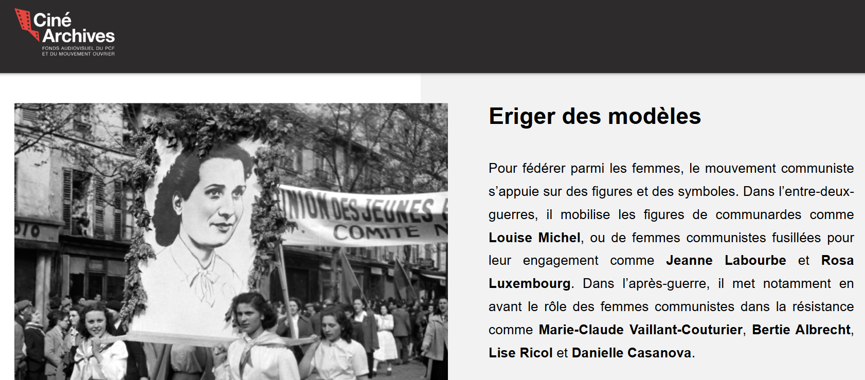 Un exemple d'encart commenté : de jeunes militantes arborent un portrait de Danielle Casanova lors du défilé du 1er mai 1951