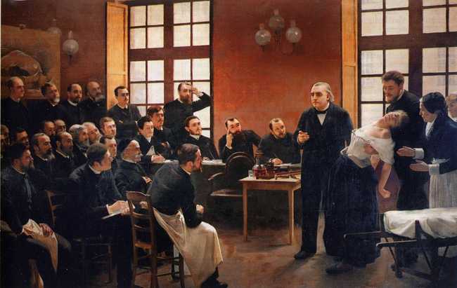 Ill. 2. Blanche Wittman soutenue par Joseph Babinski. André Brouillet, Une leçon clinique à La Salpêtrière, peinture à l’huile, 290x430cm, Université Paris Descartes, 1887.
