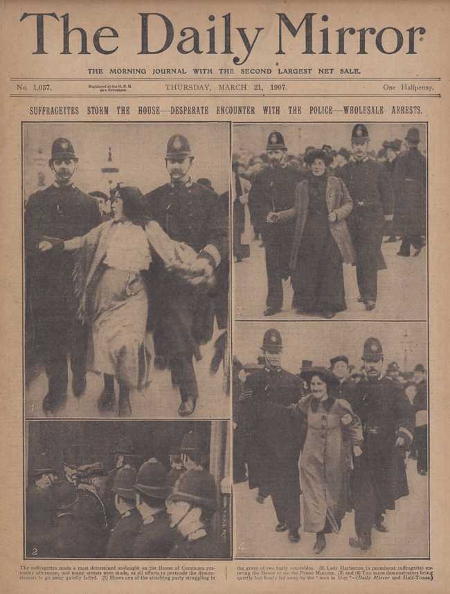 Ill. 2. Une du Daily Mirror du 21 mars 1907 représentant des militantes arrêtées par la police britannique. Source : British Newspaper Archive